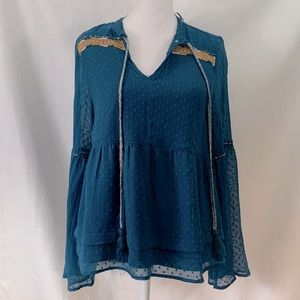 Blue Rain Teal Blouse with Gold Accents